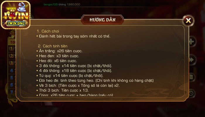 Tính tiền khi chơi game bài tiến lên đếm lá Iwin